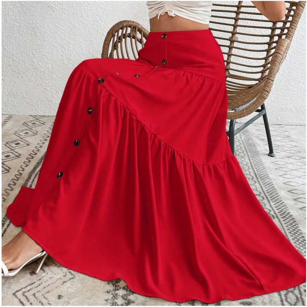 Solid High Waist Button Detail Ruffle Hem Maxi Skirt - Picture 11 of 15